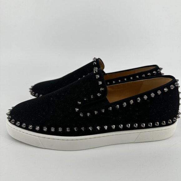 Louboutin Black GLITTER Slip On's with Silver Studs - Size 39 - Picture 5 of 10